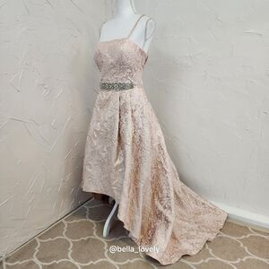 Cachet Pink Lace High-Low Evening Dress with Beaded Waist Removeable Straps